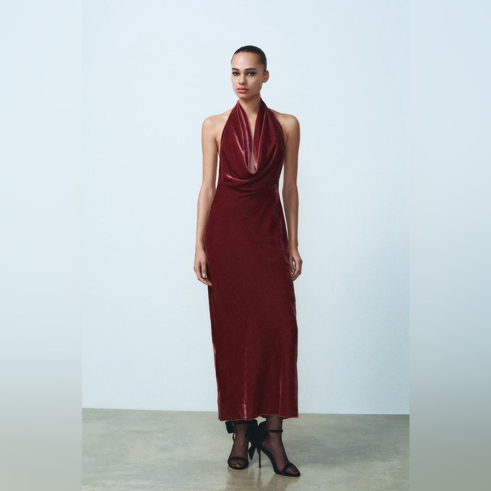 NWT Zara Open Back Velvet Dress in Raspberry Red - M
